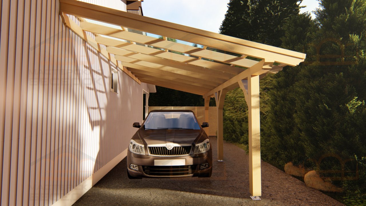 Деревянный односкатный навес к дому  для одного автомобиля — Фото 1